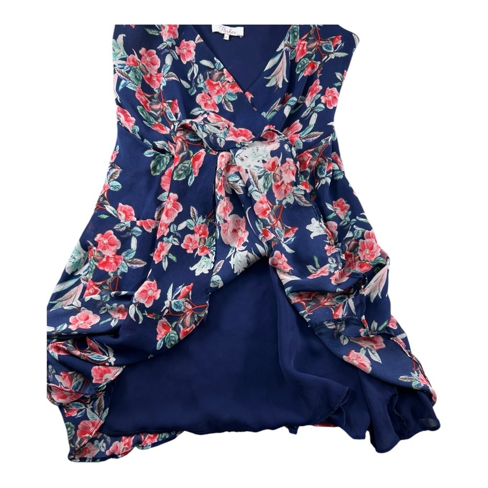 Parker Floral Navy Blue Sleeveless Dress size Medium Wrap Front Tie Waist Flowy - Picture 3 of 14
